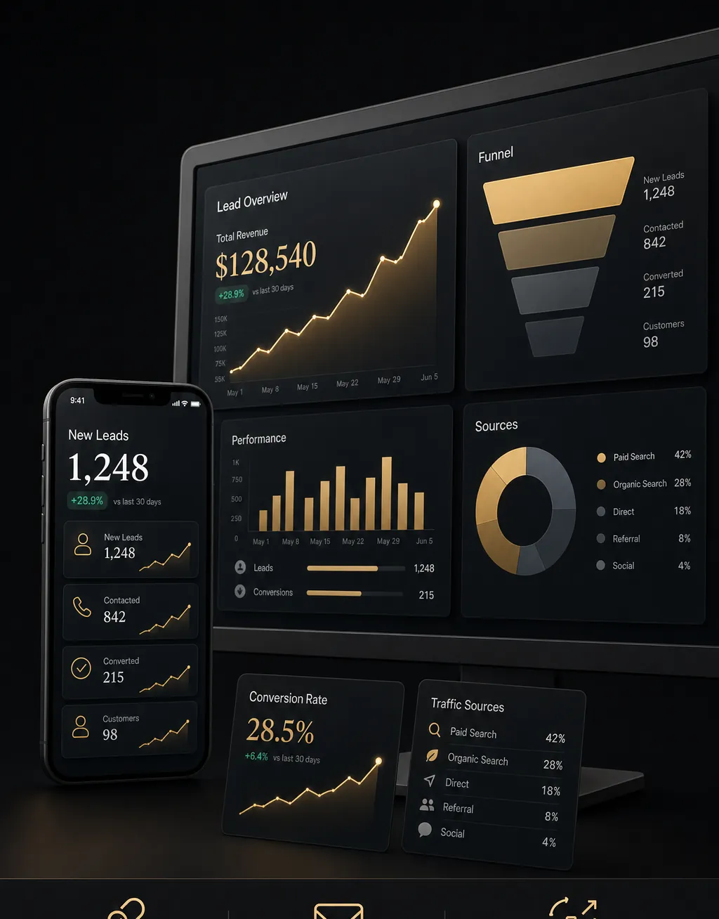A marketing analytics dashboard tracking lead volume, conversion rate, traffic sources, and projected revenue